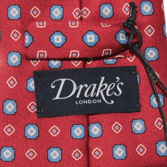 Drake's NWT Neck Tie in Red with Light Blue & White Geometric Pattern 100% Silk